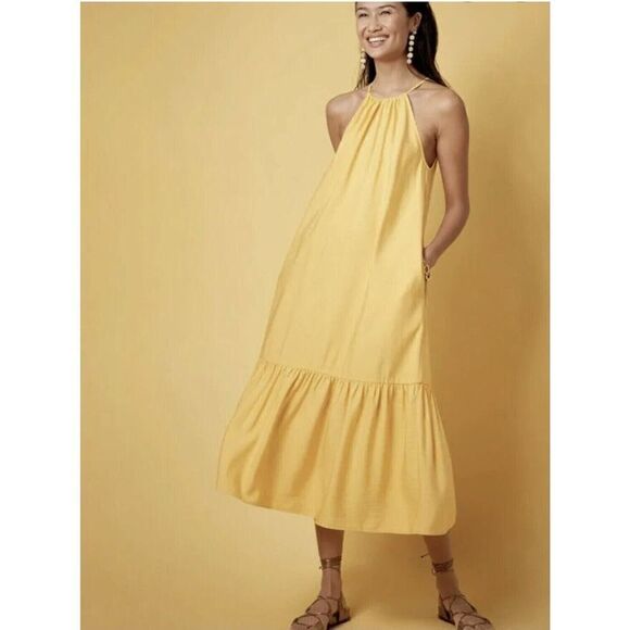 Banana Republic Halter Midi Dress Banana Yellow 677658 Crepe Pockets - Picture 2 of 9